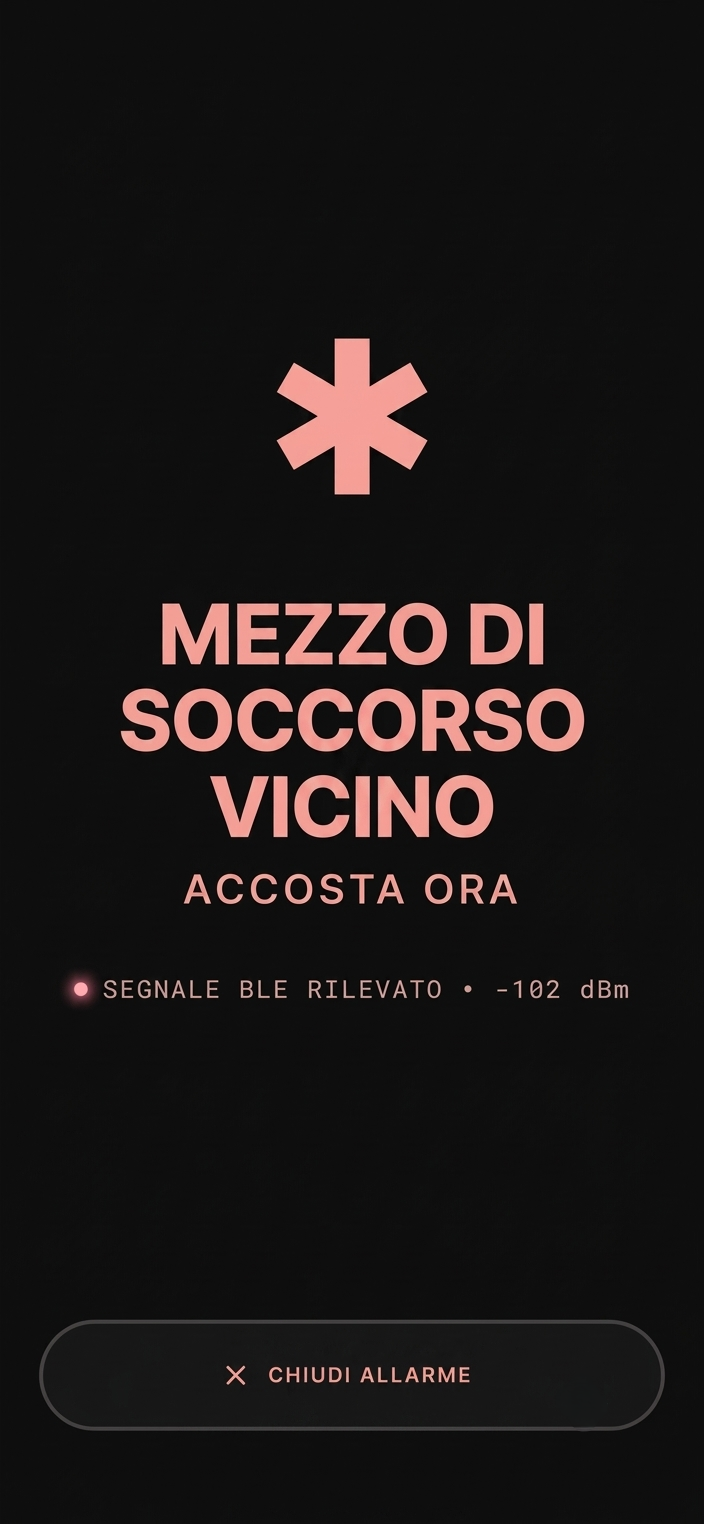 Schermata dell'app SentiMe con l'avviso Mezzo di soccorso vicino